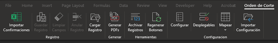 Pestaña Orden de Corte con los cuatro grupos de botones