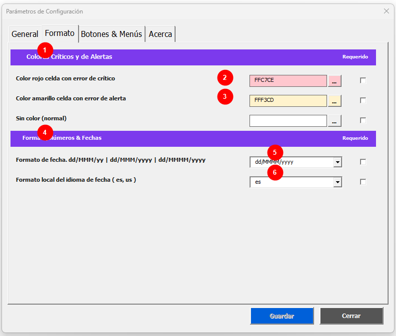 Ventana de configuración, pestaña Formato — colores de alerta y formato de fecha