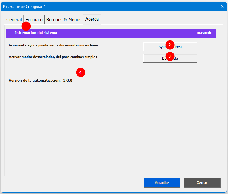 Ventana de configuración, pestaña Acerca — versión del sistema y ayuda en línea