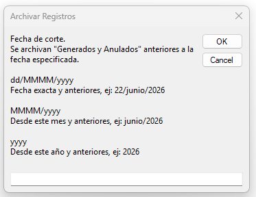 Cuadro de diálogo Archivar Registros con campo de fecha y ejemplos de formato