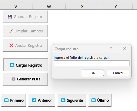 Cuadro de diálogo Cargar Registro solicitando número de folio