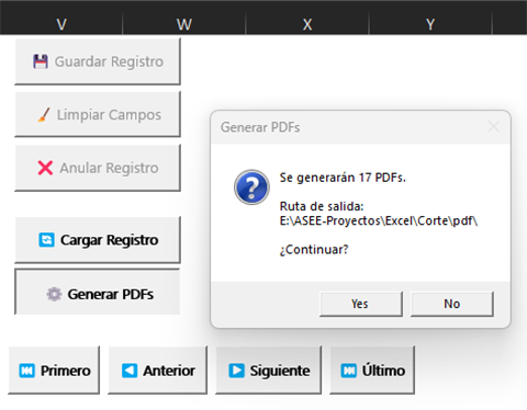 Cuadro de confirmación de Generar PDFs mostrando cantidad y ruta de destino
