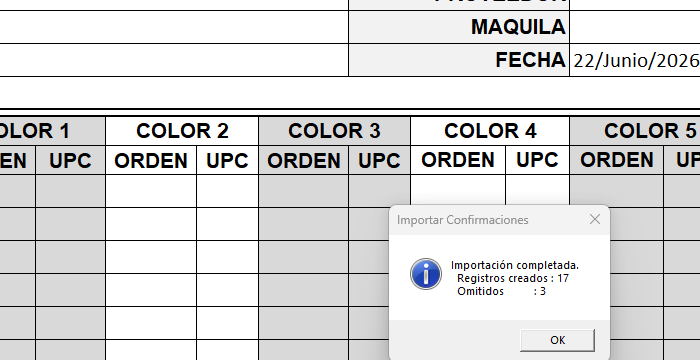 Resultado de importación con conteo de registros creados y omitidos
