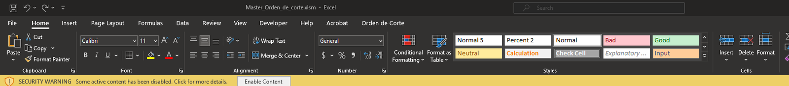 Barra de aviso de seguridad de Excel con botón Enable Content