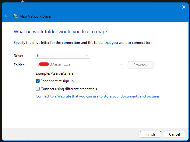 Ventana Map Network Drive de Windows para conectar una carpeta compartida como unidad de red